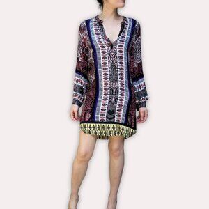 Twelfth Street by Cynthia Vincent African Print V-Neck Mini Dress Long Sleeve M